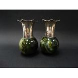 A pair of Victorian silver flared neck bud vases with ovoid green hardstone base, indistinct maker's