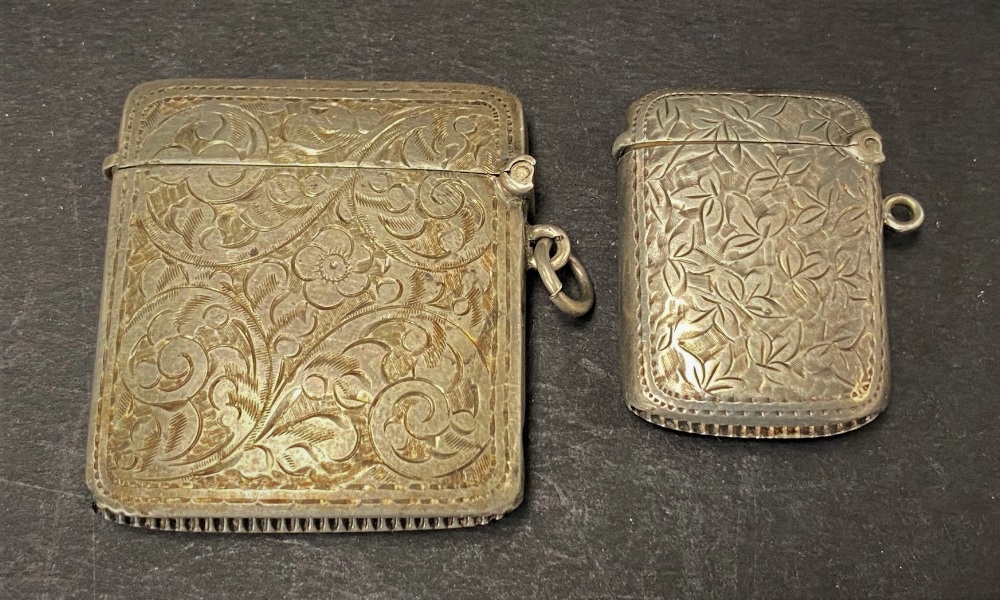 A George V silver foliate engraved vesta case with monogram, maker W.H.S., Birmingham 1915, length - Image 2 of 3