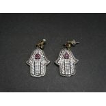 A pair of Indian 925 silver paste and ruby set drop earrings, length 42mm, weight 14.8g approx.