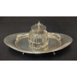 A Victorian silver inkstand with faceted cut glass hinge lidded inkwell by Charles and George
