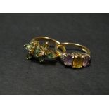 Two contemporary 9ct. hallmarked gold gem and diamond chip set rings, one set with two daisy heads