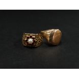 A 9ct. hallmarked gold red stone and pearl set gentleman's ring, size P, together with a 9ct.