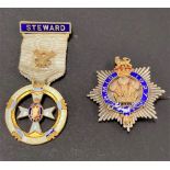 A silver gilt and enamel masonic badge inscribed R.M.I.G. 1927, London 1926, together with a