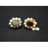 A pair of 9ct. gold screw back earrings set with pearls and an opal doublet (one AF), weight 5.8g