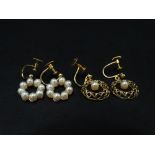 Two 9ct. gold pearl set screw back drop earrings, weight 6g approx.