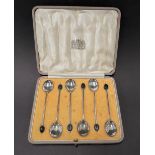 A George V silver set of six demi tasse coffee bean finial spoons, maker P.K.A., Sheffield 1916,