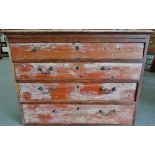 A George III chest of four long graduated drawers with brushing slide in painted pine, lacks feet,