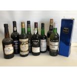 A bottle of Blandys madeira wine, together with eight bottles of sherry, madeira and port.