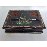 A Victorian black papier mache abalone shell inlaid desk stand with single drawer, width 20.5cm (
