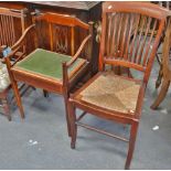 An Edwardian mahogany and inlaid piano stool, together with a slat back walnut Arts & Crafts rush