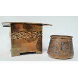 An Islamic brass, copper and silver inlaid pot, height 6cm and a brass Arts & Crafts style square