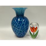 A Dartington art glass ovoid flared neck vase with blue, green and white opaque clear encased