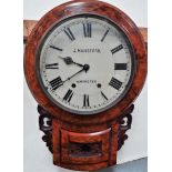 An American two train burr walnut veneered drop dial wall clock, the 11 inch painted dial signed J.