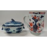 An 18th century Chinese 'Imari' pattern baluster mug, underglaze blue decorated and painted with a