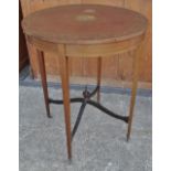 An Edwardian mahogany and painted Sheraton style occasional table, decorated with a central