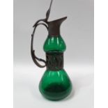 A Walter Scherf & Co. Osiris Jugendstil green glass pewter mounted hinge lidded ewer, stamped OSIRIS