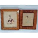 Two 19th century watercolour portraits of young women, both in birds eye maple frames, the largest