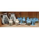 A collection of Victorian Pratt Ware, including a pair of Grecian design jugs and a collection of