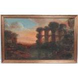 A 20th century oil on canvas depicting an Italianate landscape with ruins and figures, 45 x 75cm.