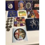 A collection of proof crowns and £5 coins, some British coin sets etc.