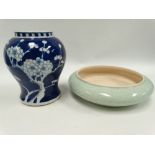 A Chinese celadon crackle glazed brush washer, diameter 22.5cm, together with a Chinese blue and
