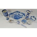 19th century and later blue and white transfer printed wares, including a one pint mug with royal