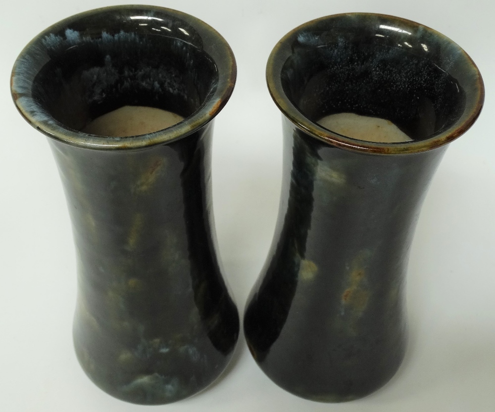 A pair of Royal Doulton stoneware cylindrical vases with dark green mottled ground No.7733D, - Image 3 of 3