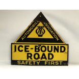 An enamel on metal advertising sign for AA 'AUTOMOBILE ASSOCIATION ICE-BOUND ROAD SAFETY FIRST'