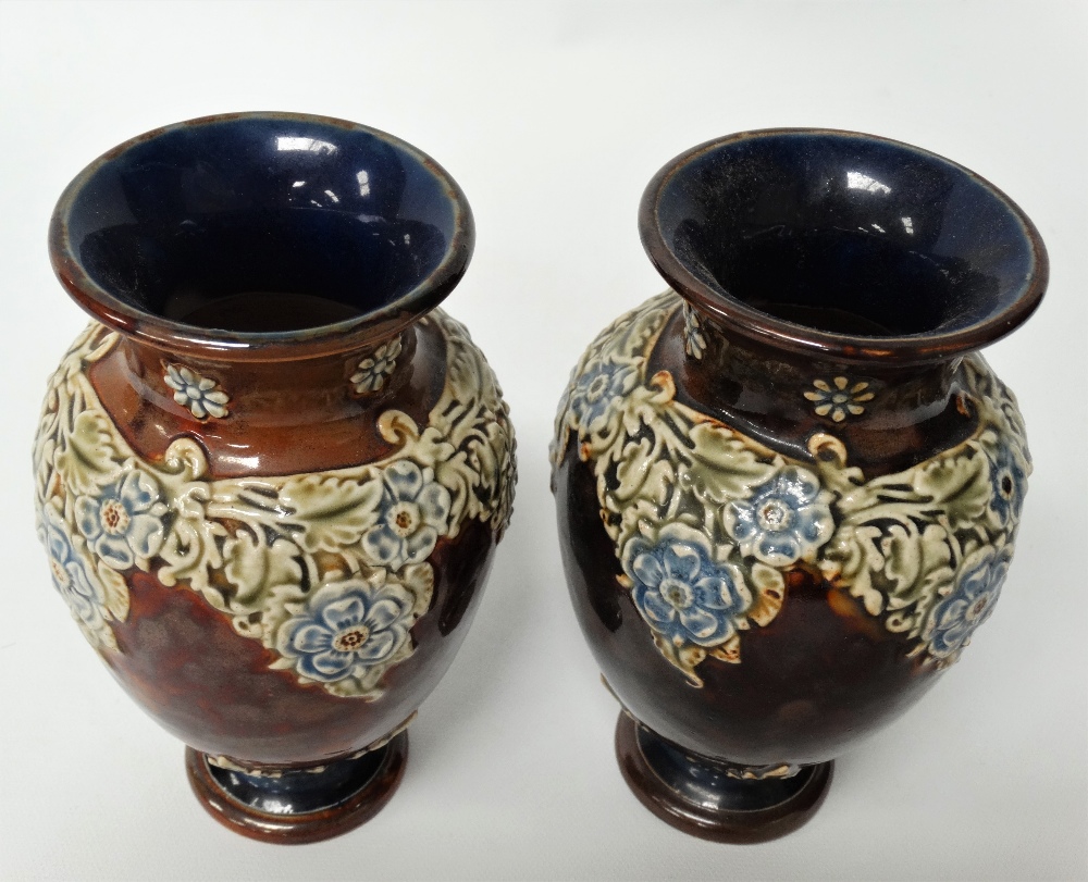 A pair of Doulton Lambeth small baluster vases with foliate applied decoration, height 15cm. - Image 3 of 3