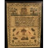 An early Victorian coloured woolwork and silkwork sampler with verse, decorated with a building and