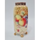 A modern Royal Worcester vase with pierced rim, painted with fruit and signed P. Platt, raised on