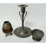 A continental pewter Secessionist style candlestick, possibly by Walter Scherf & Co. with applied