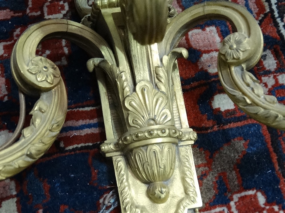 A good pair of Neo Classical style ormolu three branch wall sconces, late 19th century, later - Image 3 of 5