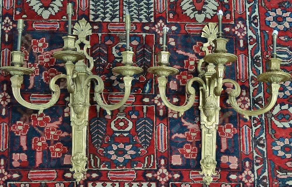 A good pair of Neo Classical style ormolu three branch wall sconces, late 19th century, later