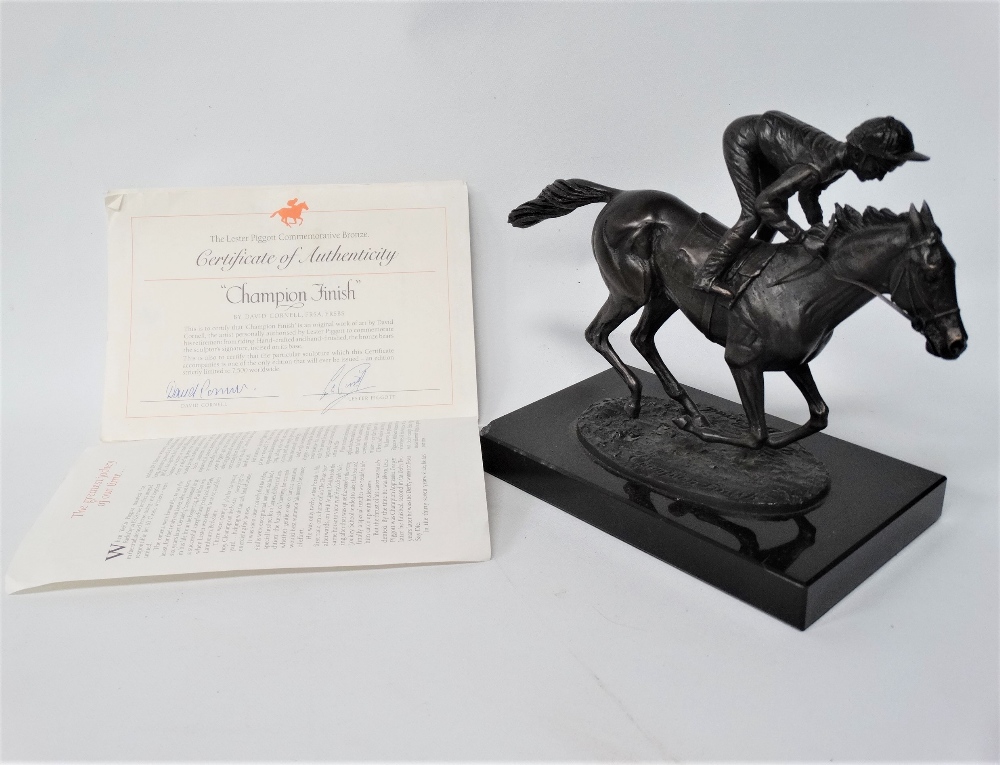 A modern bronze group upon black marble stand after David Cornell 'Champion Finish' depicting Lester - Image 3 of 3