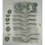 Eight sequentially numbered Page one pound notes.