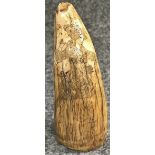 A 19th century scrimshaw sperm whale tooth engraved with a female archer, height 9.5cm.
