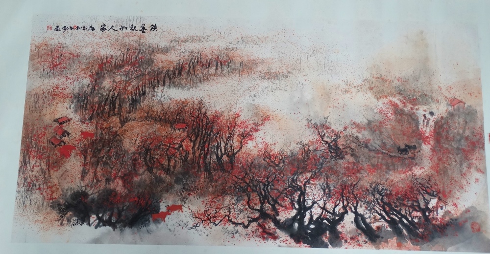 A large 20th century Chinese ink scroll, within stained wood case, painted with a landscape, signed,