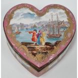 A 19th century Meissen style porcelain heart shaped box with gilt metal mounts, the lid painted with