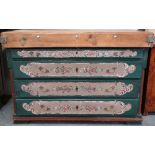 A French country made butcher's block on painted chest of four graduated drawers, width 130cm.
