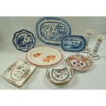 18th century and later ceramics, including a Chinese export blue and white dish, a blue and white