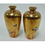 A pair of Japanese bronze silver and copper inlaid miniature vases, both decorated with iris, both