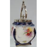 A Royal Doulton silver plate mounted swing handled biscuit barrel, foliate decorated upon a blue