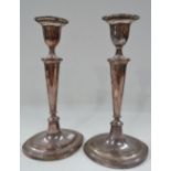 A pair of Old Sheffield plated baluster candlesticks of oval section, height 29cm.