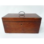A 19th century mahogany boxwood inlaid tea caddy, hinged to reveal original glass mixing bowl