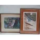 Two gouache and watercolour paintings by Bryant Cortis, one depicting a fox, 34 x 50cm, the other