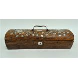 A rosewood rectangular hinge lidded mother of pearl inlaid pen box with swing handle, width 23.5cm.