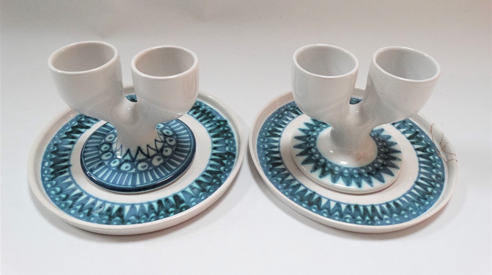 A pair of early Troika St Ives pottery double eggcups upon stands with underglaze blue zig zag - Image 2 of 3