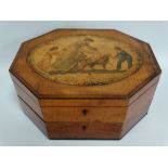 A Regency satinwood, boxwood and ebony inlaid hinge lidded work box of octagonal section, with