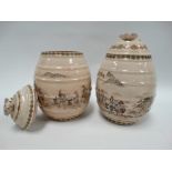 A pair of Japanese Meiji period Satsuma ovoid jars and covers, the body of ribbed form, decorated